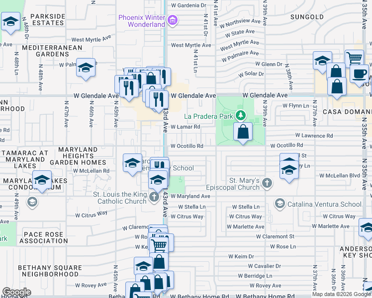 map of restaurants, bars, coffee shops, grocery stores, and more near 4141 West Krall Street in Phoenix