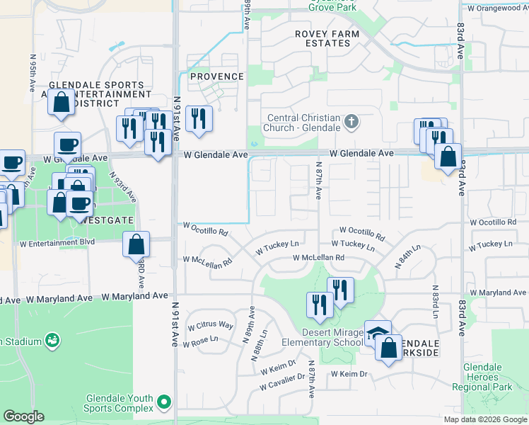 map of restaurants, bars, coffee shops, grocery stores, and more near 8758 West Ocotillo Road in Glendale