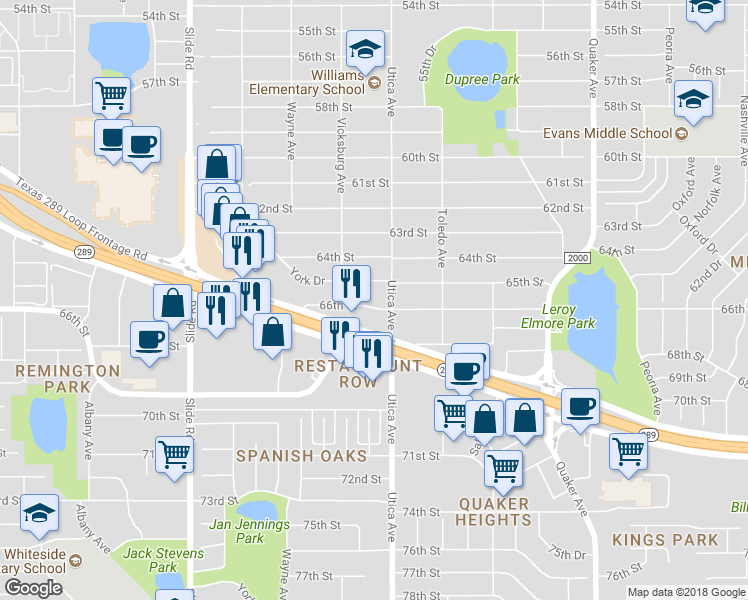 map of restaurants, bars, coffee shops, grocery stores, and more near 4808 66th Street in Lubbock