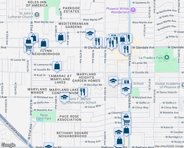 map of restaurants, bars, coffee shops, grocery stores, and more near 4602 West Desert Crest Drive in Glendale