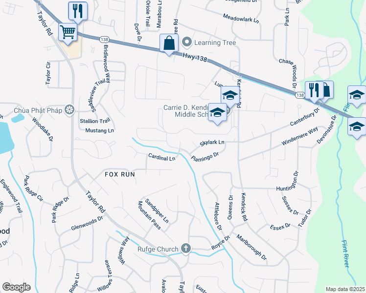 map of restaurants, bars, coffee shops, grocery stores, and more near 22 Cardinal Lane in Jonesboro