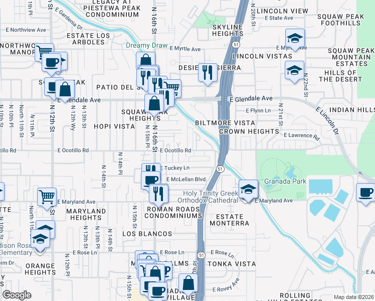 map of restaurants, bars, coffee shops, grocery stores, and more near East Ocotillo Road in Phoenix