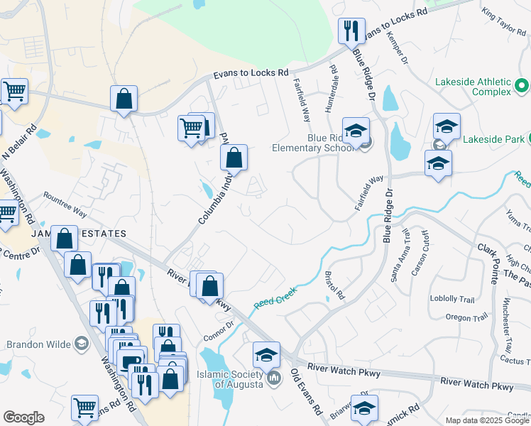map of restaurants, bars, coffee shops, grocery stores, and more near 506 Adams Mill Lane in Evans