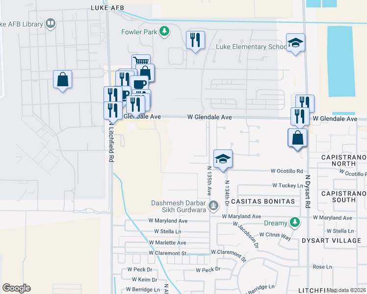 map of restaurants, bars, coffee shops, grocery stores, and more near 13517 West Glendale Avenue in Glendale