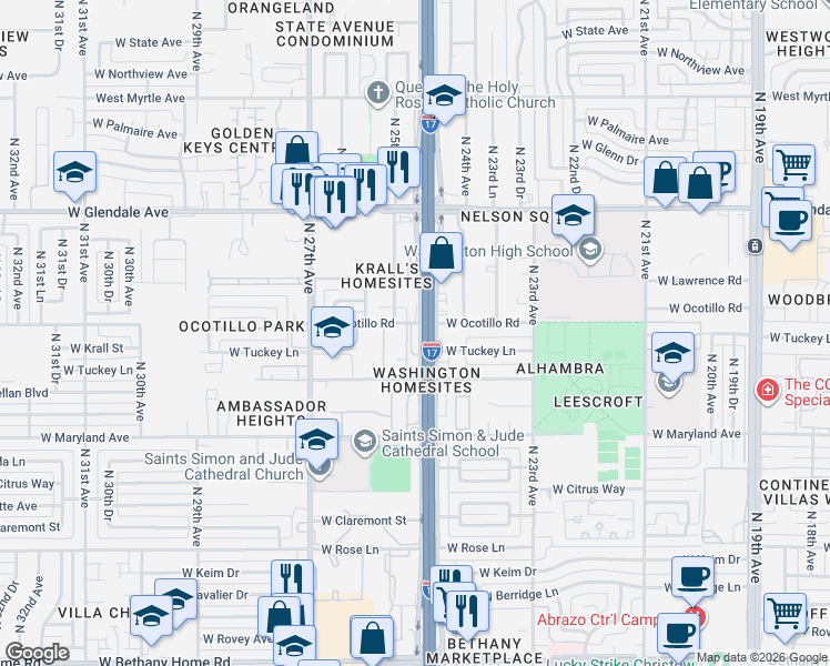 map of restaurants, bars, coffee shops, grocery stores, and more near 2501 West Ocotillo Road in Phoenix