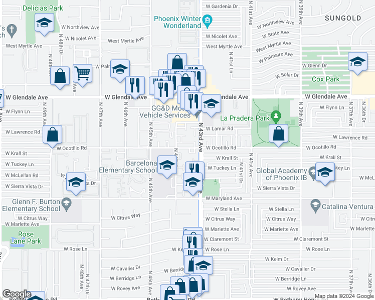map of restaurants, bars, coffee shops, grocery stores, and more near 6676 North 43rd Avenue in Glendale