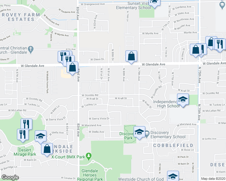 map of restaurants, bars, coffee shops, grocery stores, and more near 6805 North 81st Avenue in Glendale