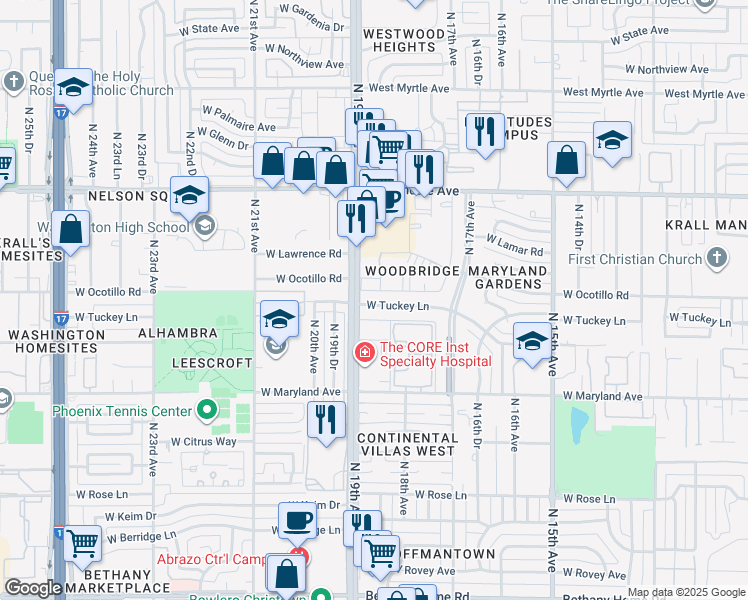 map of restaurants, bars, coffee shops, grocery stores, and more near 6605 North 19th Avenue in Phoenix