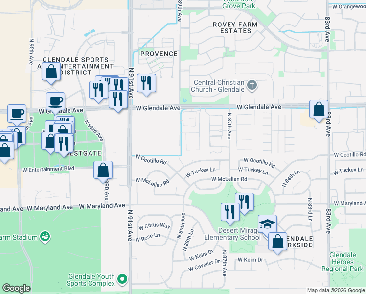 map of restaurants, bars, coffee shops, grocery stores, and more near 6766 North 89th Avenue in Glendale