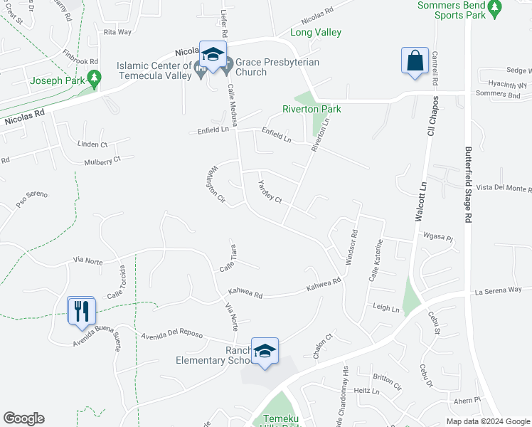 map of restaurants, bars, coffee shops, grocery stores, and more near 40396 Calle Medusa in Temecula