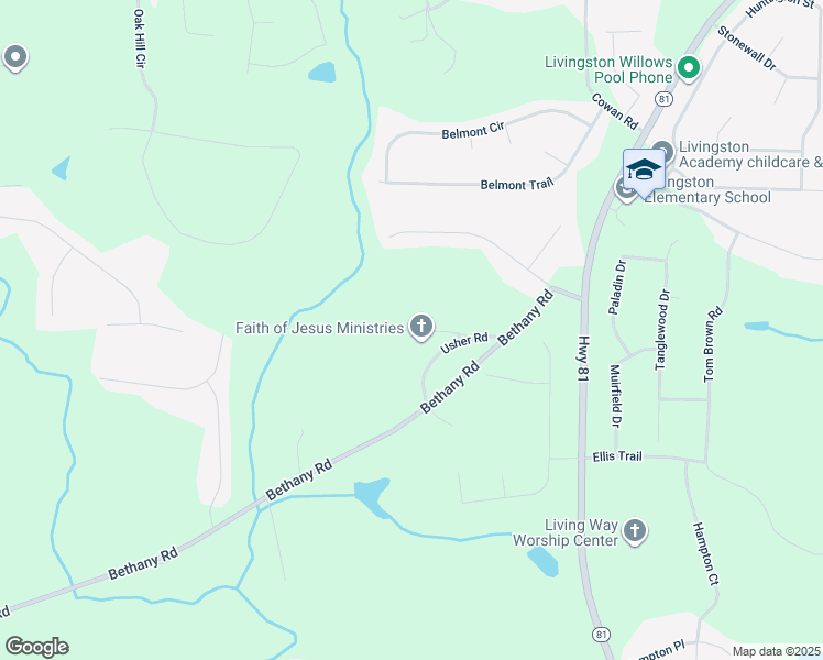 map of restaurants, bars, coffee shops, grocery stores, and more near Usher Lane in Newton County