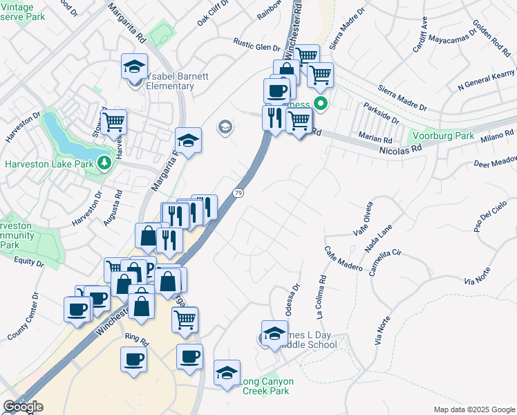map of restaurants, bars, coffee shops, grocery stores, and more near 27438 Senna Court in Temecula