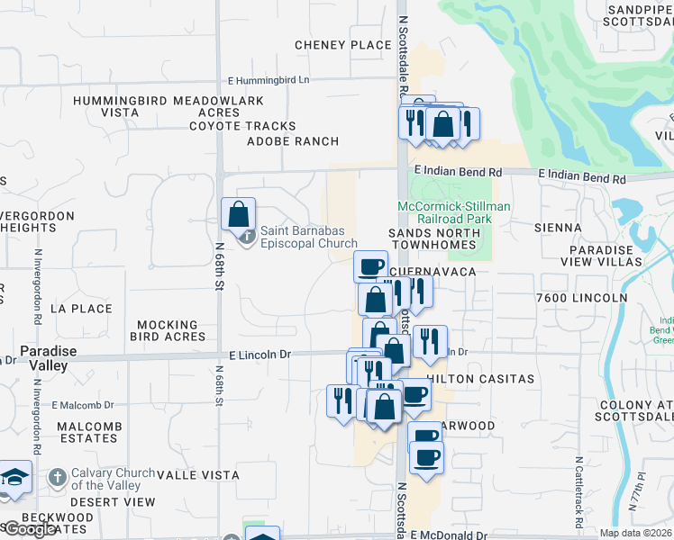 map of restaurants, bars, coffee shops, grocery stores, and more near 6635 North 70th Place in Paradise Valley