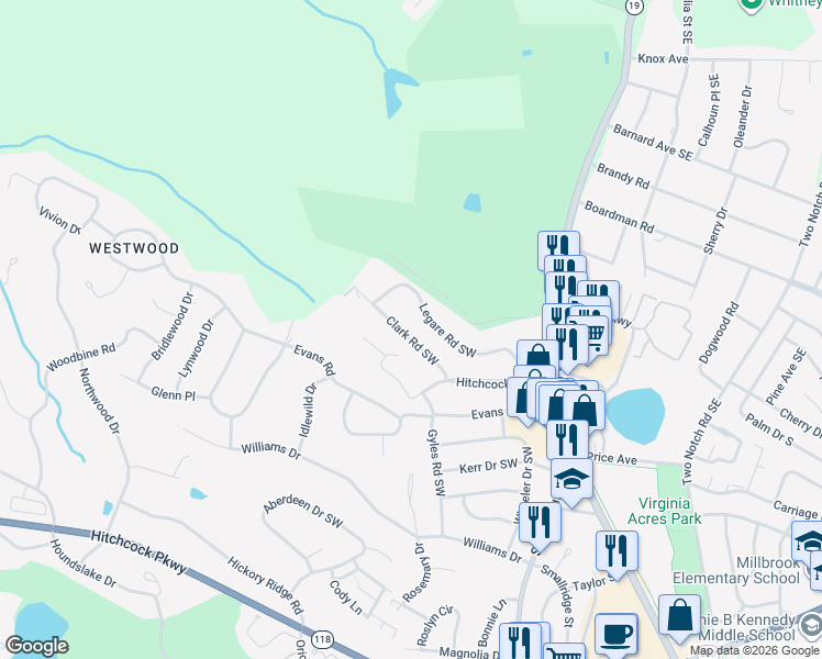 map of restaurants, bars, coffee shops, grocery stores, and more near 1129 Parsons Lane Southwest in Aiken