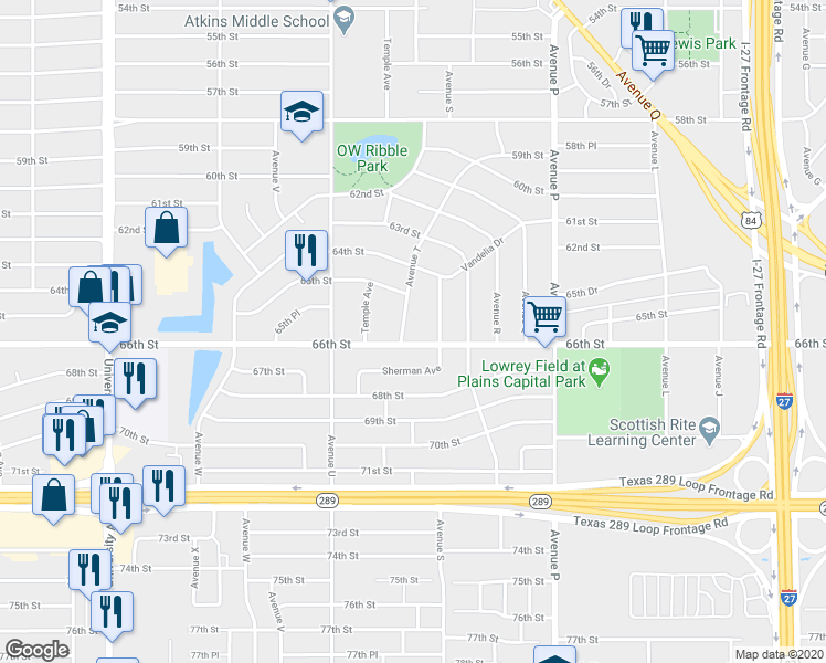 map of restaurants, bars, coffee shops, grocery stores, and more near 1919 66th Street in Lubbock