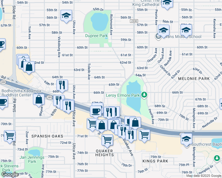 map of restaurants, bars, coffee shops, grocery stores, and more near 4415 66th Street in Lubbock