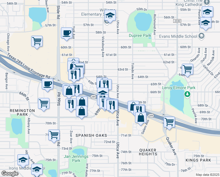 map of restaurants, bars, coffee shops, grocery stores, and more near 4802 South Loop 289 in Lubbock
