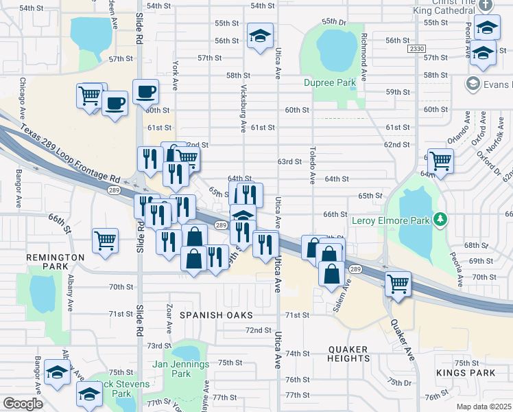map of restaurants, bars, coffee shops, grocery stores, and more near 4802 South Loop 289 in Lubbock
