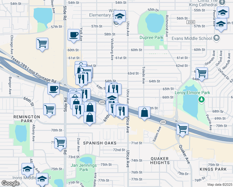 map of restaurants, bars, coffee shops, grocery stores, and more near 4814 South Loop 289 in Lubbock