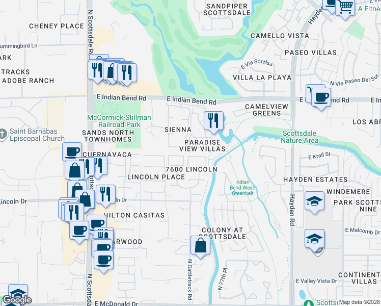 map of restaurants, bars, coffee shops, grocery stores, and more near 7566 East Krall Street in Scottsdale