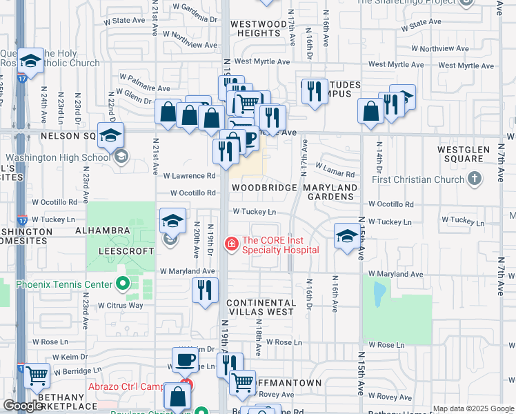 map of restaurants, bars, coffee shops, grocery stores, and more near 1815 West Tuckey Lane in Phoenix