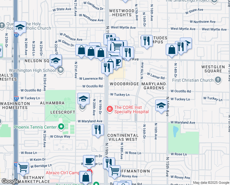 map of restaurants, bars, coffee shops, grocery stores, and more near 1815 West Tuckey Lane in Phoenix