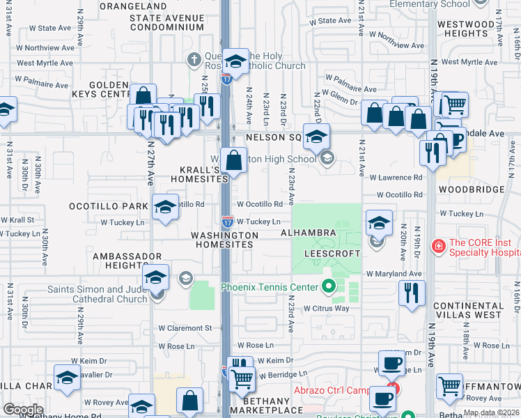 map of restaurants, bars, coffee shops, grocery stores, and more near 2335 West Tuckey Lane in Phoenix