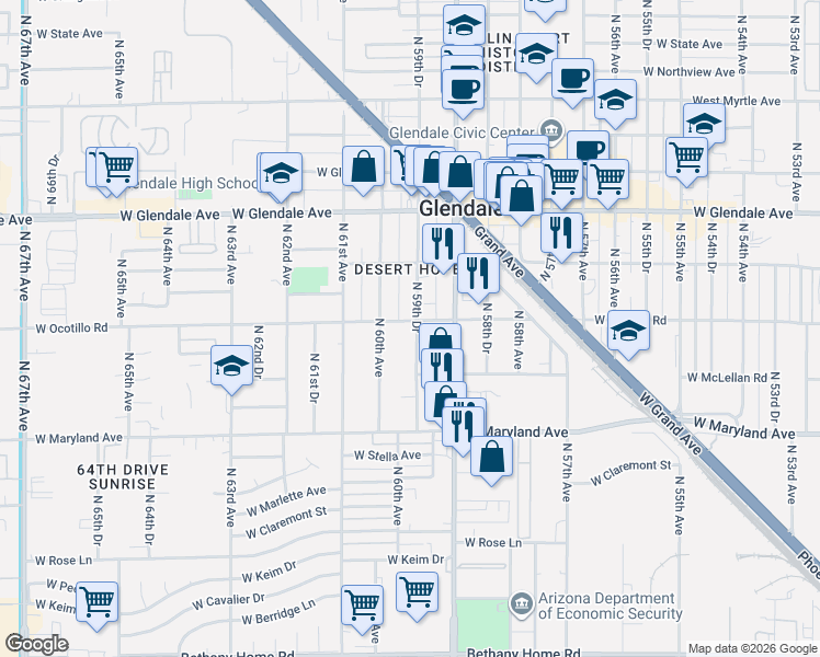 map of restaurants, bars, coffee shops, grocery stores, and more near 6622 North 59th Drive in Glendale