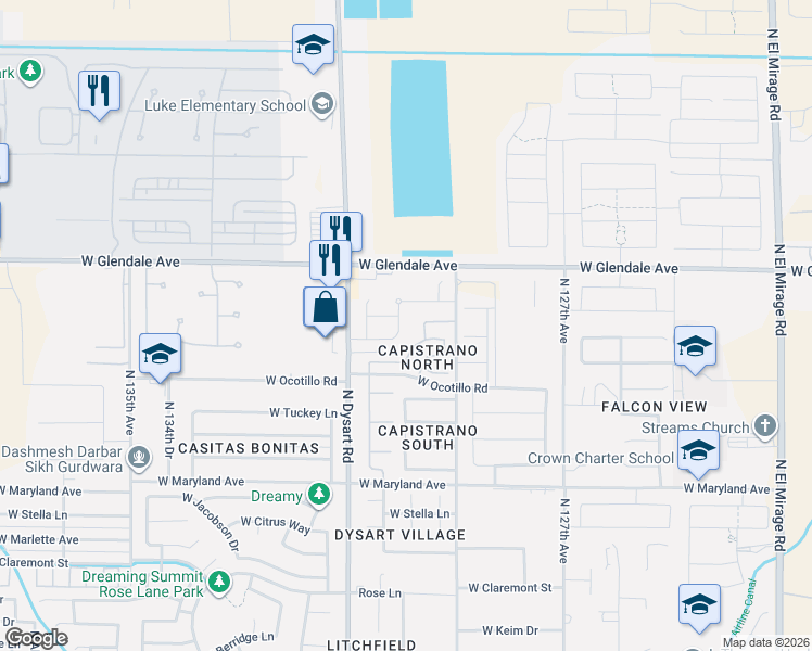 map of restaurants, bars, coffee shops, grocery stores, and more near 6829 North 130th Avenue in Glendale