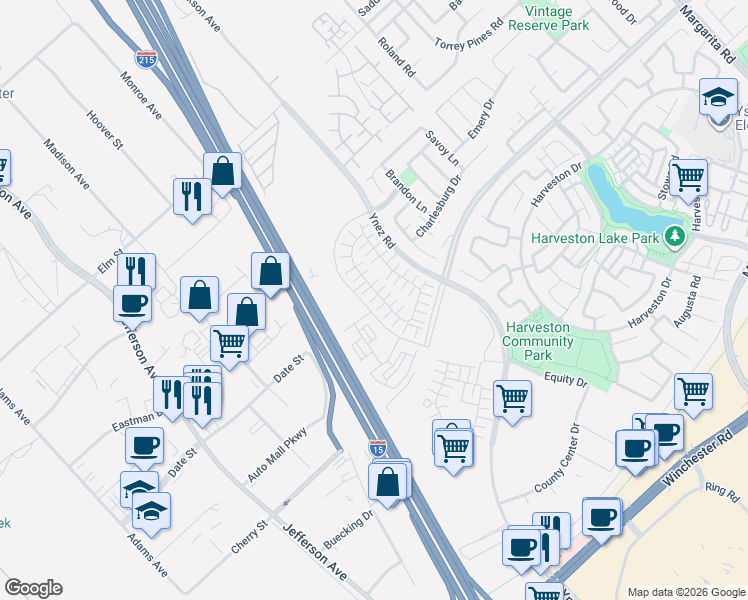 map of restaurants, bars, coffee shops, grocery stores, and more near 40629 Melrose Drive in Temecula