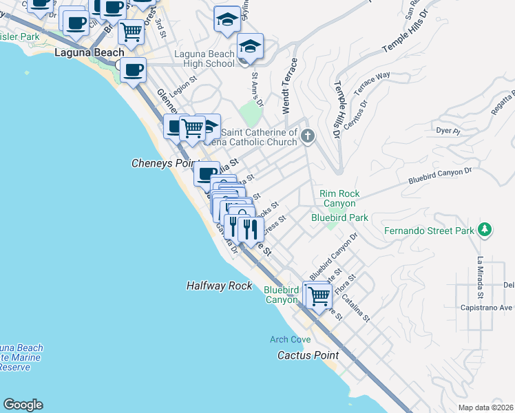 map of restaurants, bars, coffee shops, grocery stores, and more near 1186 Glenneyre Street in Laguna Beach