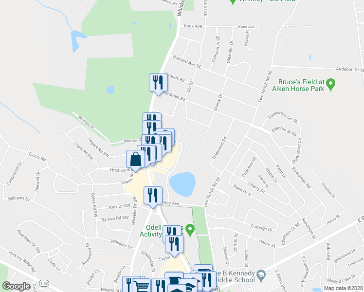 map of restaurants, bars, coffee shops, grocery stores, and more near 600 Colony Parkway in Aiken