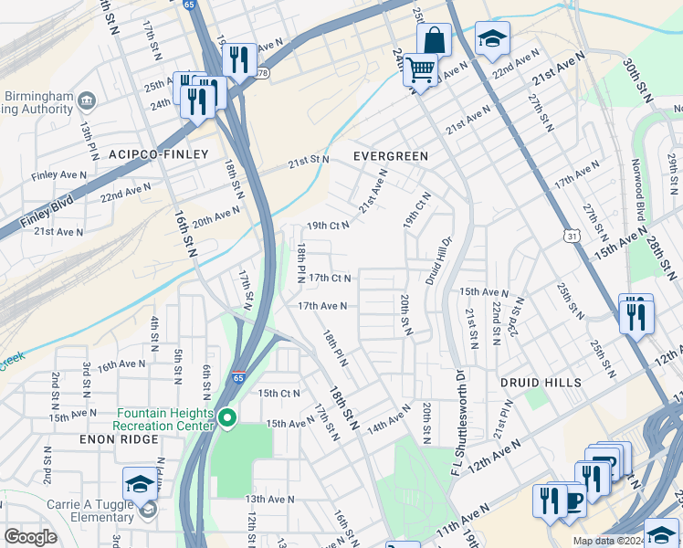 map of restaurants, bars, coffee shops, grocery stores, and more near 1850 17th Court North in Birmingham
