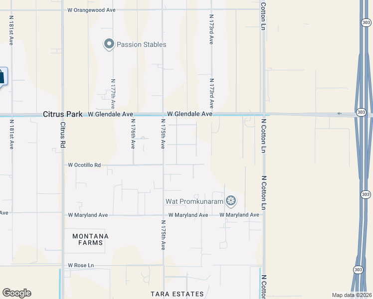 map of restaurants, bars, coffee shops, grocery stores, and more near 17412 West Ocotillo Road in Waddell