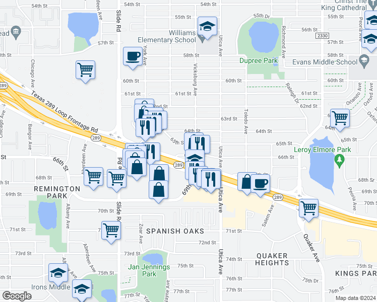 map of restaurants, bars, coffee shops, grocery stores, and more near 4906 66th Street in Lubbock