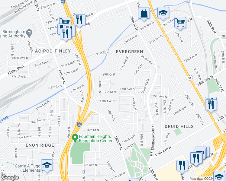 map of restaurants, bars, coffee shops, grocery stores, and more near 1848 17th Court North in Birmingham