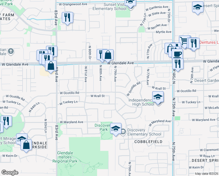 map of restaurants, bars, coffee shops, grocery stores, and more near 7910 West Krall Street in Glendale