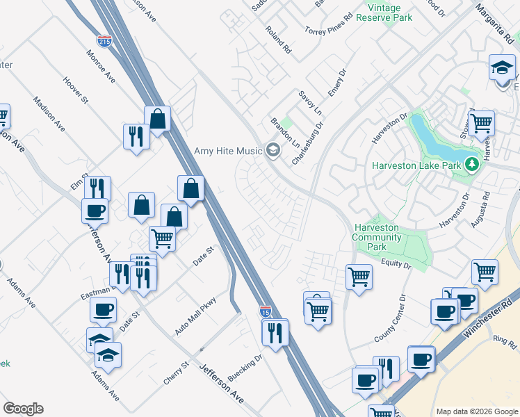 map of restaurants, bars, coffee shops, grocery stores, and more near 40497 Melrose Drive in Temecula