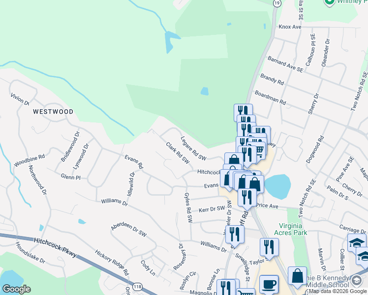 map of restaurants, bars, coffee shops, grocery stores, and more near 1018 Clark Road Southwest in Aiken