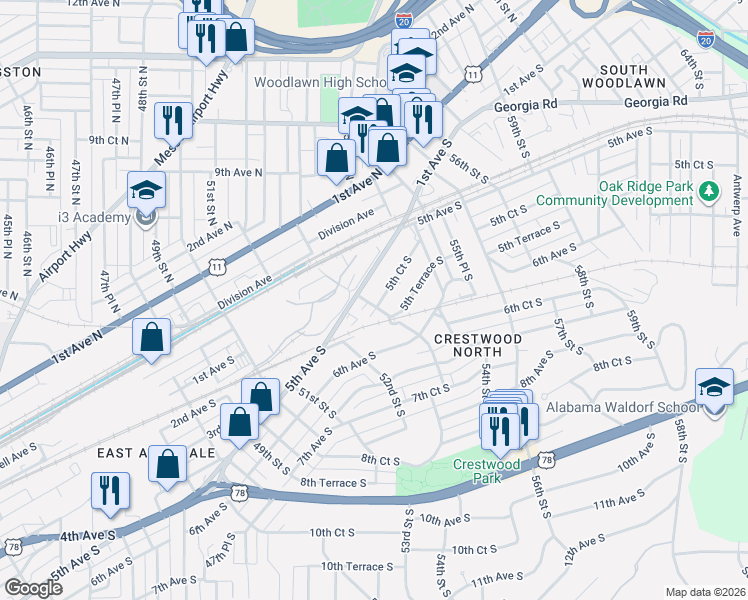 map of restaurants, bars, coffee shops, grocery stores, and more near 5300 5th Court South in Birmingham