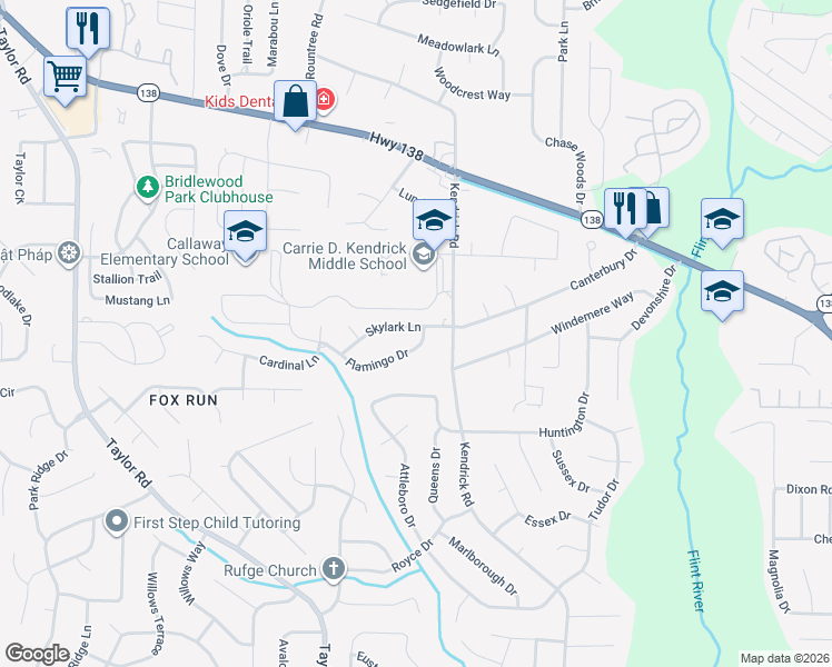 map of restaurants, bars, coffee shops, grocery stores, and more near 114 Skylark Lane in Jonesboro