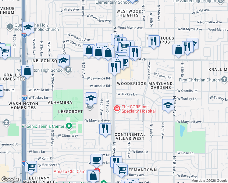 map of restaurants, bars, coffee shops, grocery stores, and more near 6645 North 19th Avenue in Phoenix