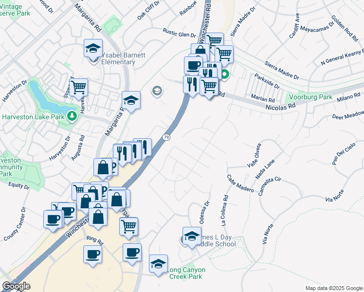 map of restaurants, bars, coffee shops, grocery stores, and more near 27438 Senna Court in Temecula