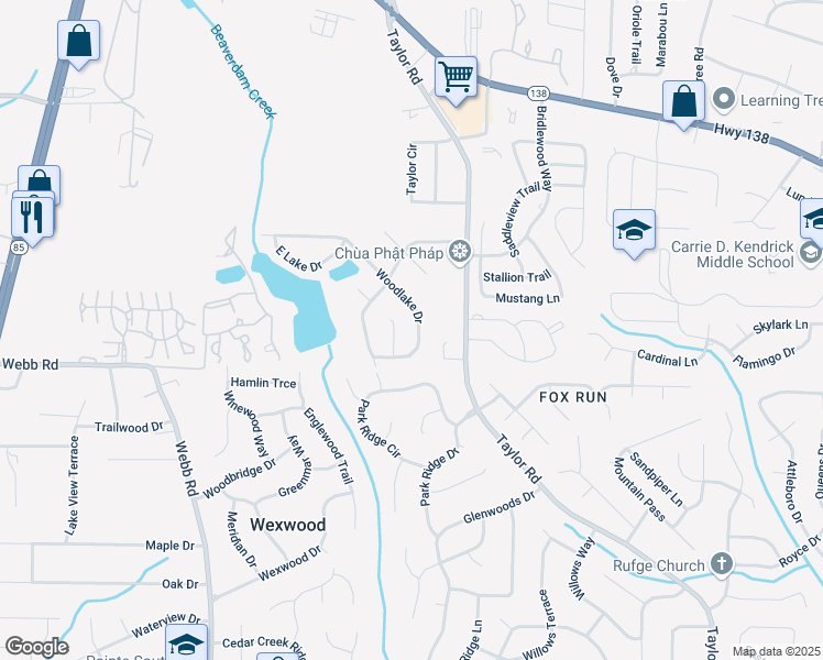 map of restaurants, bars, coffee shops, grocery stores, and more near 8045 Woodlake Drive in Riverdale