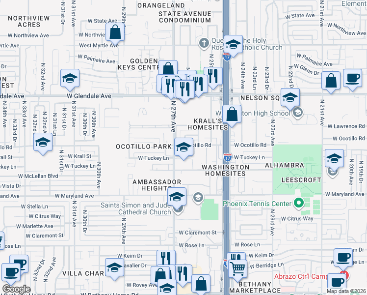 map of restaurants, bars, coffee shops, grocery stores, and more near 6714 North 26th Drive in Phoenix