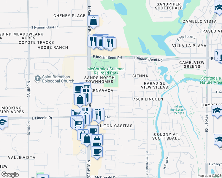 map of restaurants, bars, coffee shops, grocery stores, and more near 7340 East Krall Street in Scottsdale