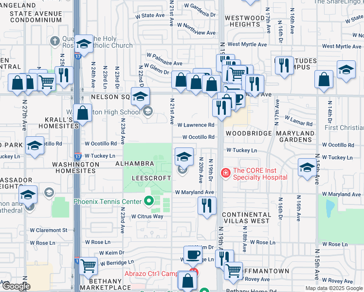 map of restaurants, bars, coffee shops, grocery stores, and more near 2020 West Ocotillo Road in Phoenix