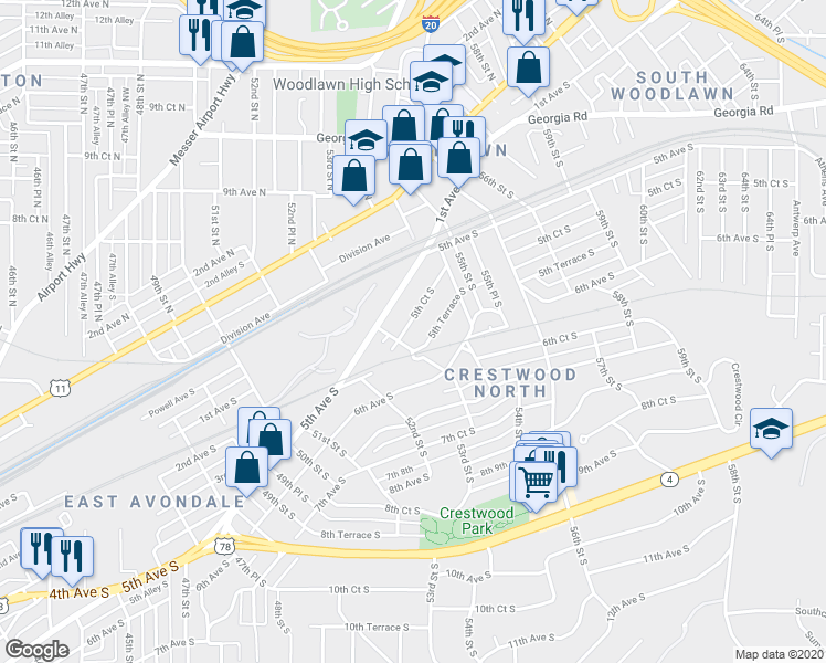 map of restaurants, bars, coffee shops, grocery stores, and more near 5313 5th Court South in Birmingham
