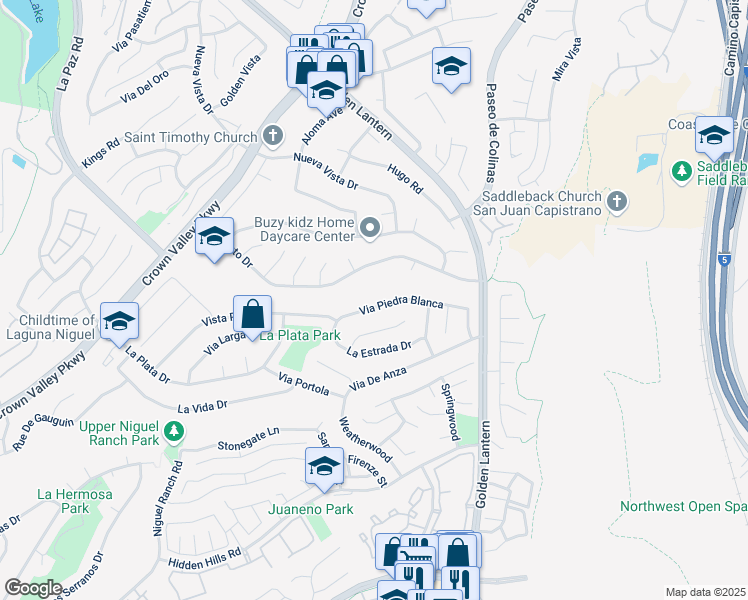 map of restaurants, bars, coffee shops, grocery stores, and more near 25225 Via Piedra Blanca in Laguna Niguel
