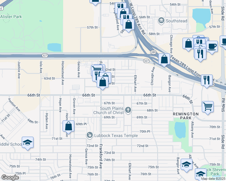map of restaurants, bars, coffee shops, grocery stores, and more near 5729 64th Street in Lubbock